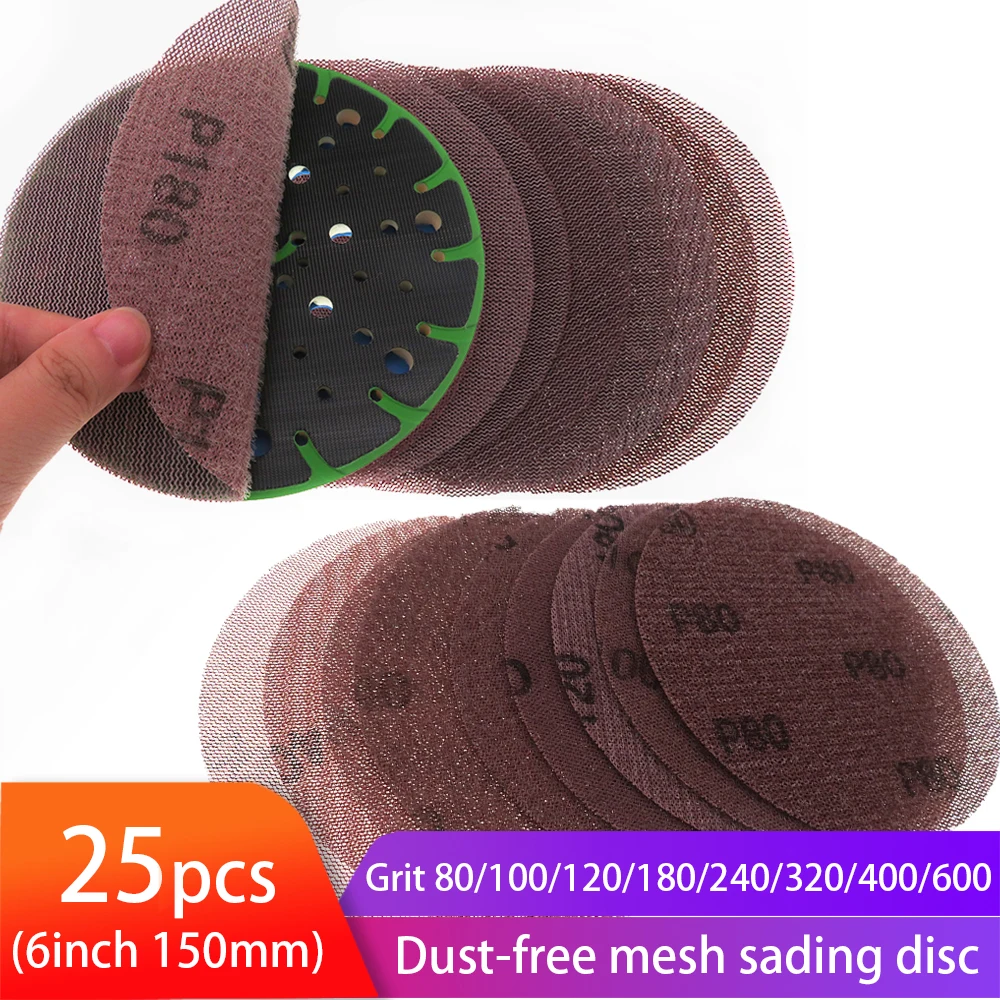 25pcs Mesh Sanding Discs 6inch Hook & Loop Abrasive Pad Dust Free Disc Anti-Blocking Sharp Grinding Sandpaper for Wood Drywall |