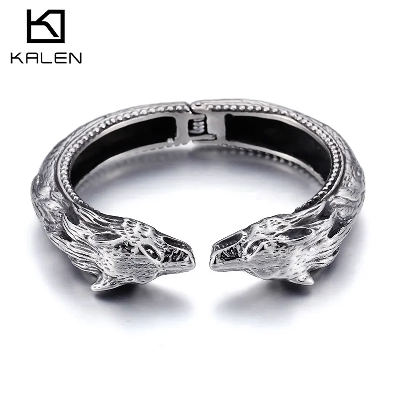 

Kalen Stainless Steel Domineering Open Bangle for Men Vintage Dragon Charm Bracelet Double-Headed Wolf Fashion Jewelry Gift