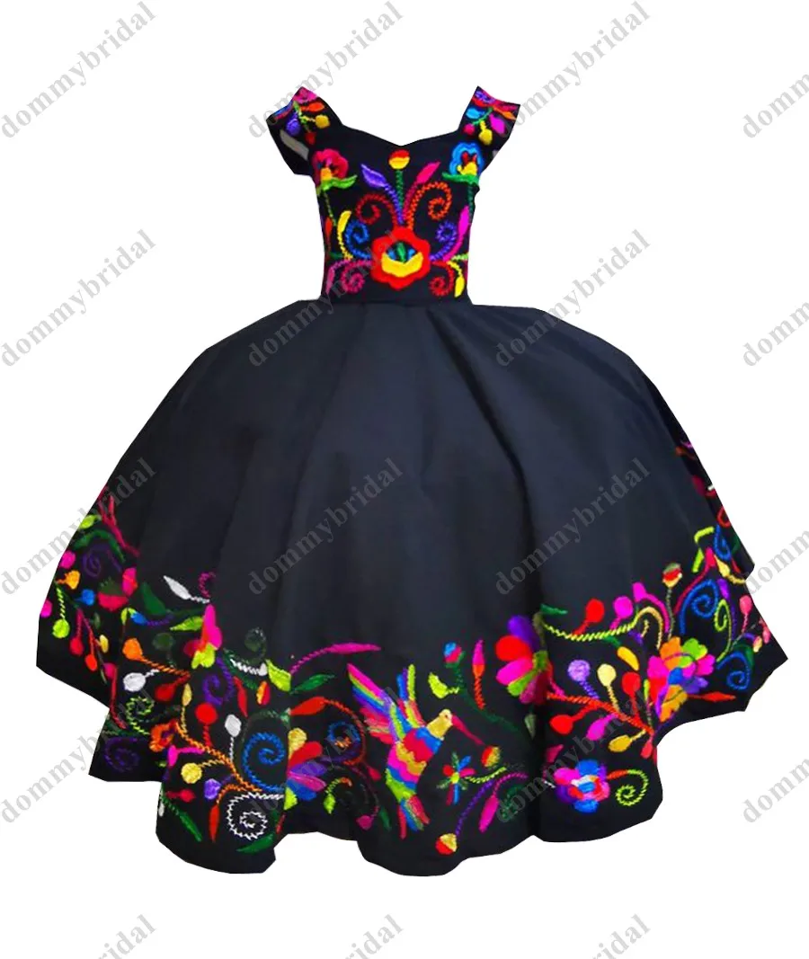 

2023 Colorful Flower Embroidery Sexy Black Ball Gown Girls' Quinceanera Pageant Prom Formal Dresses for Kids Little Girls Mexica