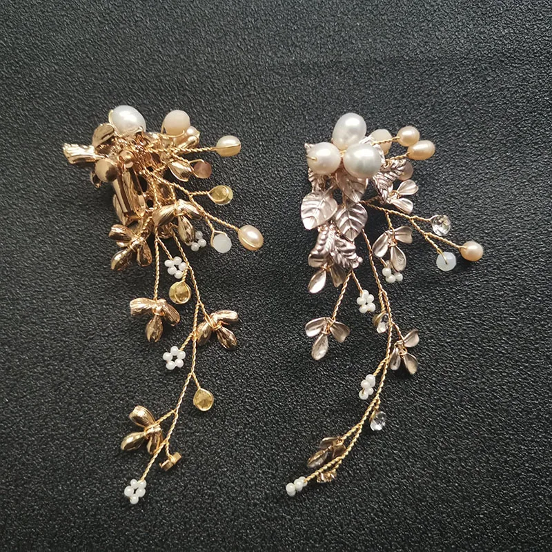 2141 Gold Clip On SLBRIDAL, Стразы ручной работы, кристаллы, Пресноводный Жемчуг, свадебные серьги с подвесками, свадебная люстра, Серьги, Модные женские ювелирные изделия - Окраска металла: 2141 Gold Clip On