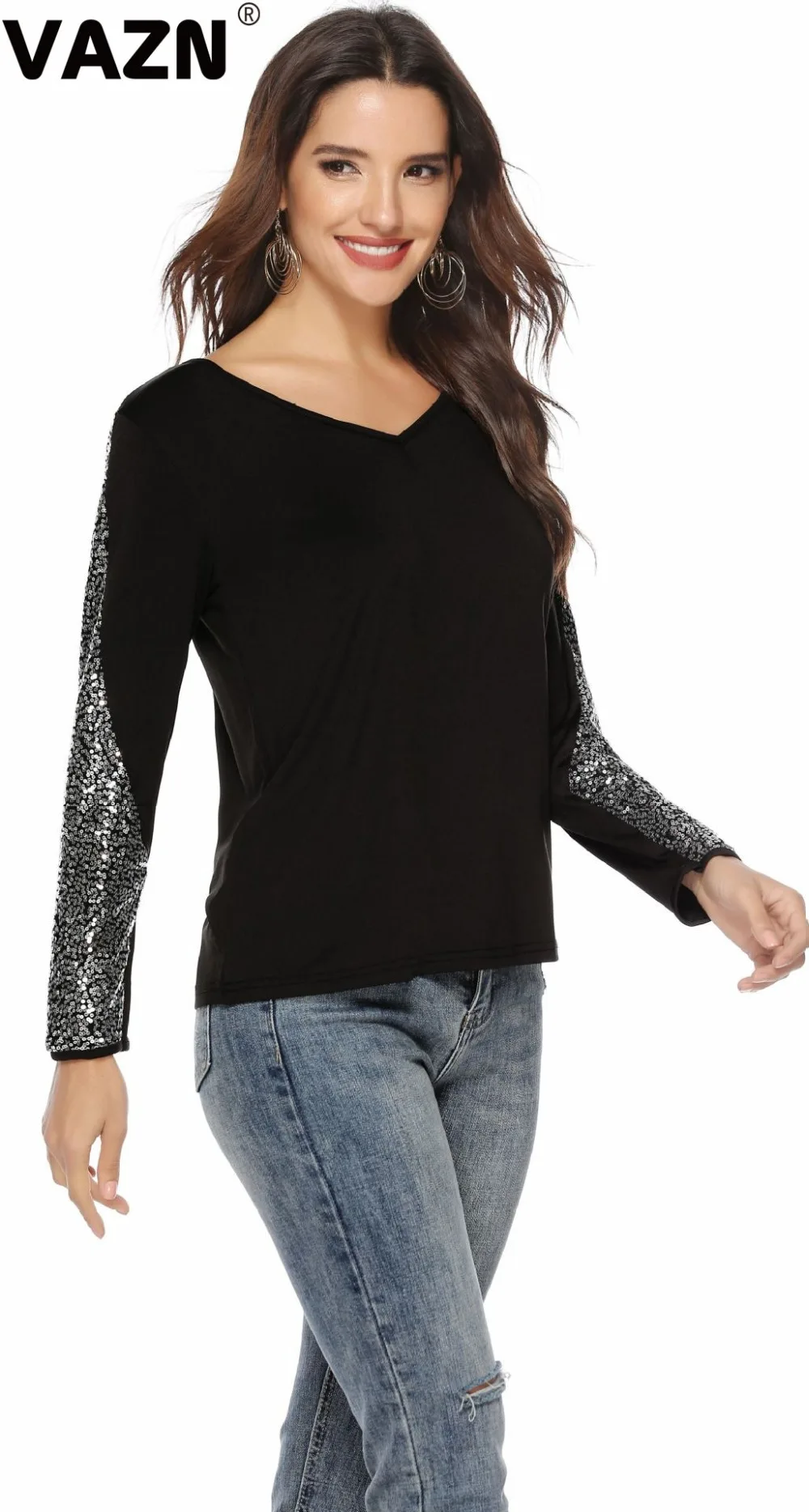VAZN, серая Сексуальная черная рубашка с круглым вырезом и длинным рукавом, Осенний Топ, повседневная однотонная Офисная Женская рубашка, облегающая модная футболка