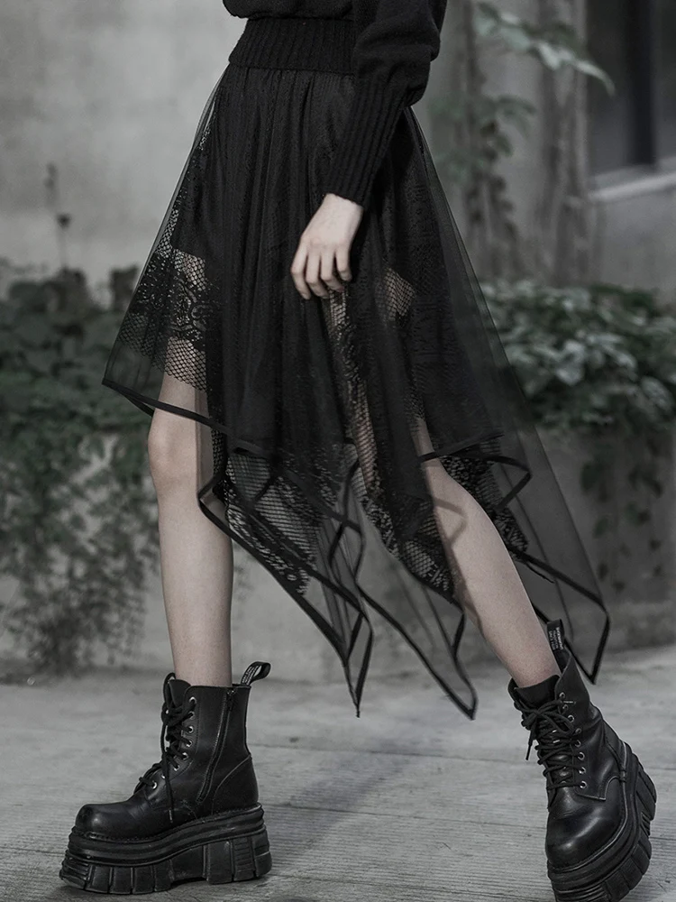 PR Punk Romantic Gothic Embroidery Lace Irregular Black Skirt Female Autumn Mesh Skirt In The Long Section