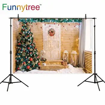 

Funnytree Christmas Tree Winter Light Decor Photography Backdrop Wooden Loft Porch House Background Baby Photo Studio Photophone