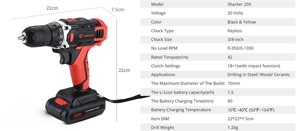 Factory Outlet DEKO New Sharker 20V Cordless Drill Electric Screwdriver Adjustable Speed Work with DC Lithium-Ion Battery