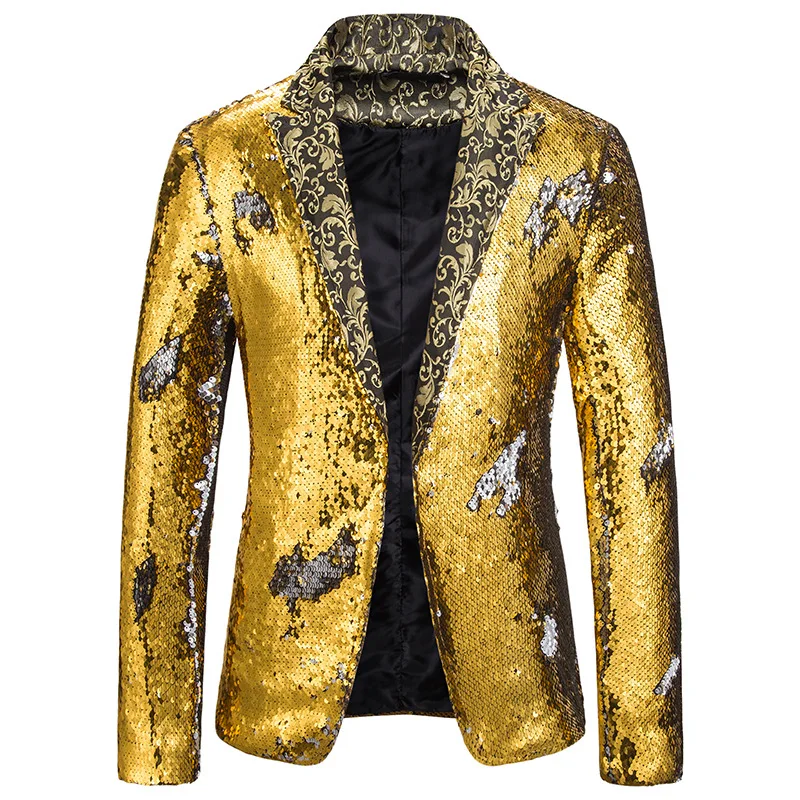 Модный мужской костюм с блестками, приталенный пиджак, смокинг для выпускного, вечерние, для ночного клуба, Мужской Блейзер, большой размер, для сцены, DJ, ведущий костюм, костюмы - Color: Gold