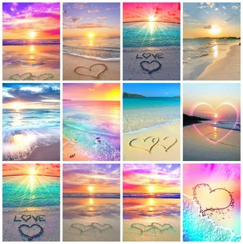 

HUACAN Full Drill Diamond Embroidery Painting Seaside Craft Kit 5D Mosaic Landscape Sunset Mosaic Color Heart Decor For Home
