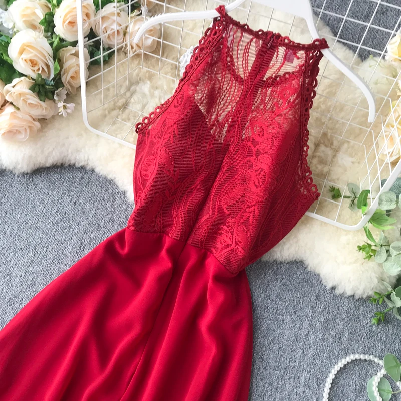 2020 Sexy Halter Neck Lace Patchwork Maxi Long Dress Elegant Summer Party Women Tank Sundress Sexy Split Casual Evening Vestidos