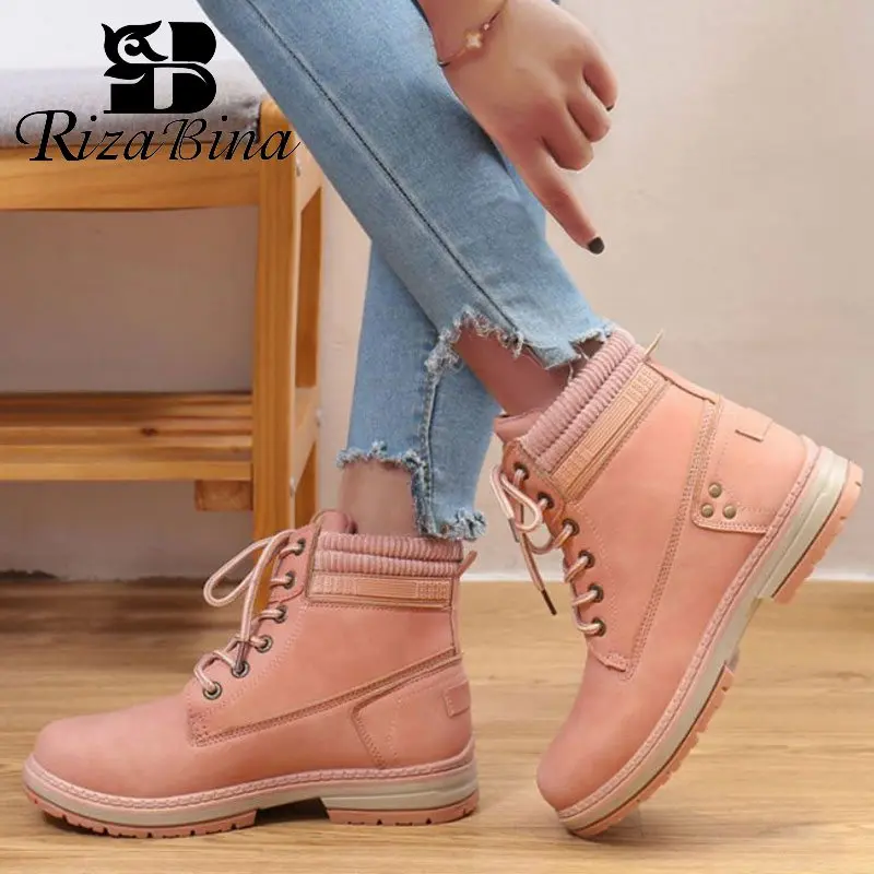 

RizaBina 4 Color Woman Ankle Boots Lace Yo Round Toe Leisure Shoes Solid Color Winter Warm Flats Women Footwear Size 36-41