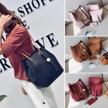 

4Pcs Women Tassel Bead Zipper Bucket Tote Crossbody Shoulder Bag Clutches Purse