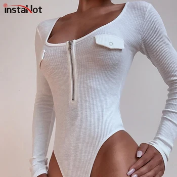 

Sexy New White Zip O-neck Bodysuit Women Long Sleeve Sexy Casual Slim Skinny Autumn Ribbed Knitted Office Ladies Romper Bodysui