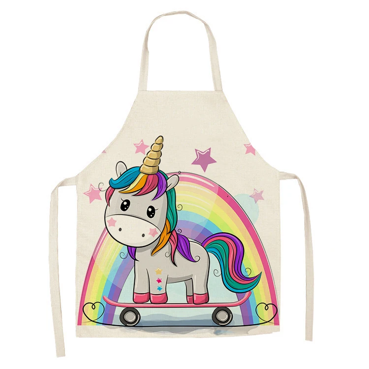 1Pcs Kitchen Apron Cartoon Unicorn Music Printed Sleeveless Cotton Linen Aprons for Men Women Home Cleaning Tools 55*68cm