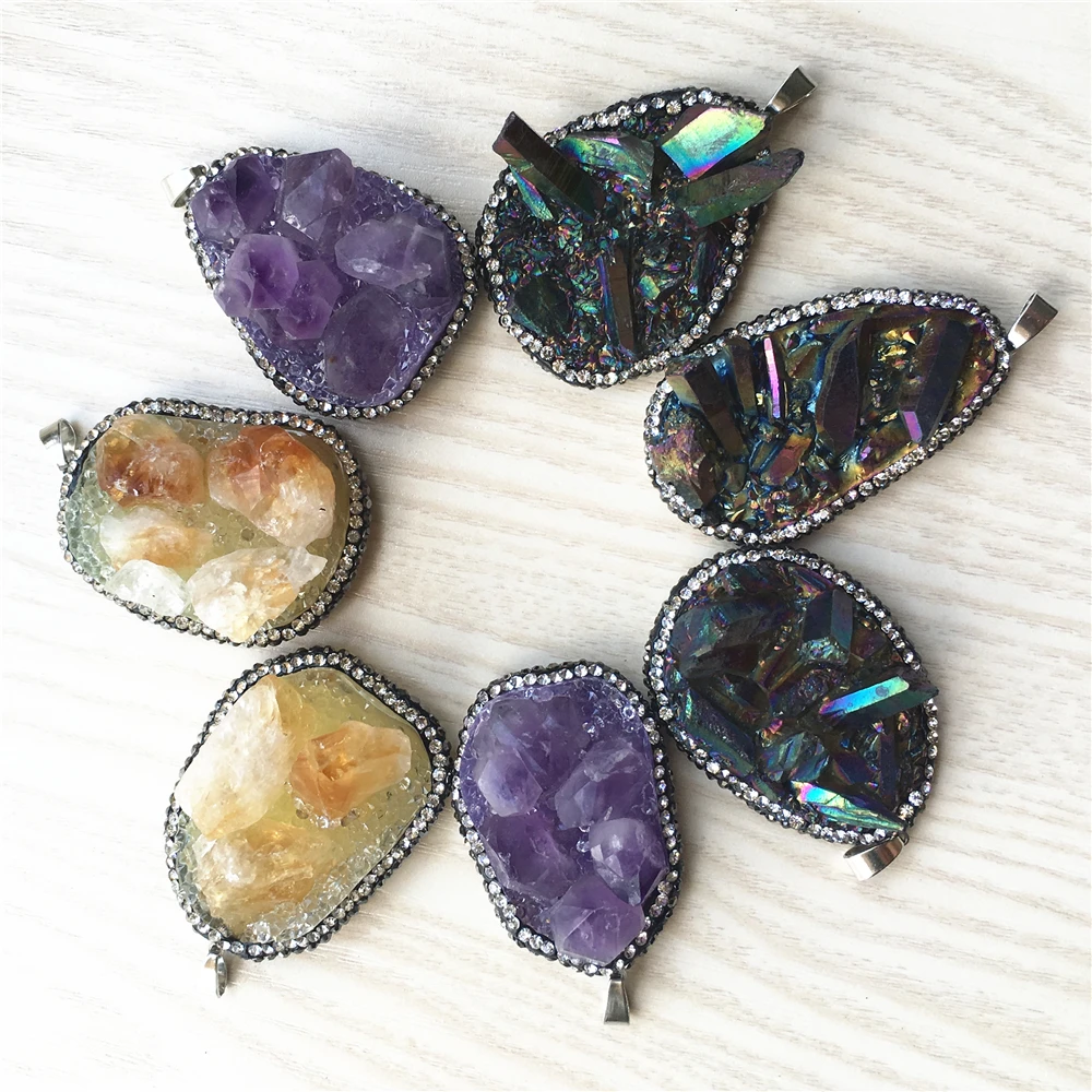 

New Hot Fashion Natural Stone Pendant Amethysts Citrines Druzy Raw Ore Crystal Pendants Slide Trendy Nickles Women Wholesale