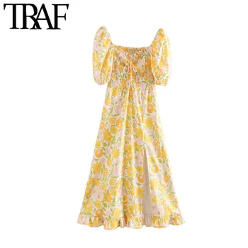 

TRAF Women Elegant Fashion Floral Print Smocked Stretchy Midi Dress Tie Neck Short Sleeve Slit Female Dresses Vestidos