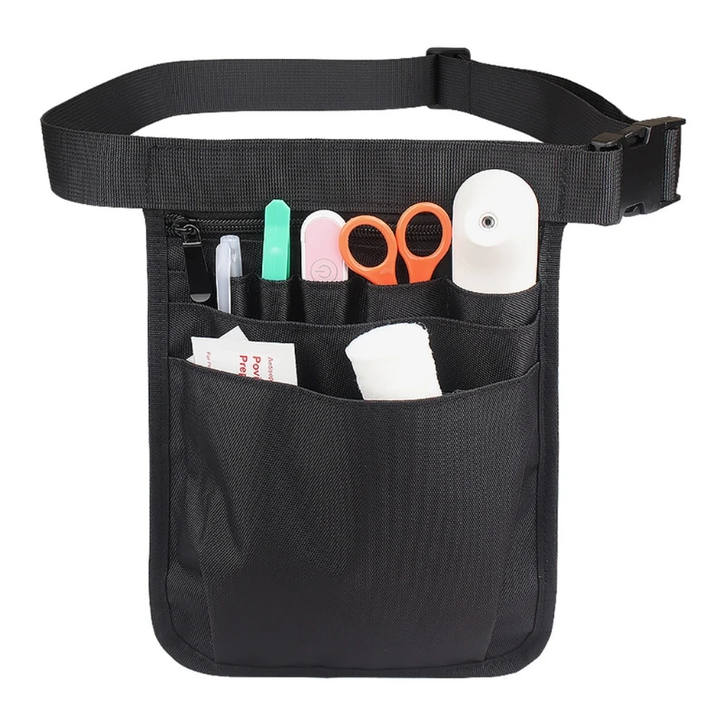color negro organizador de bolsillo con soporte para cinta y múltiples bolsillos para herramientas de cuidado médico Damero Riñonera para enfermera bolsa de cintura para enfermera 
