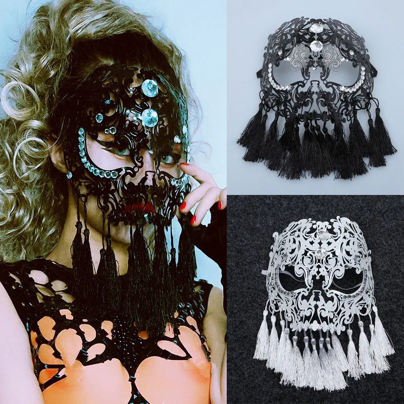Best  Black White Sexy Hollow Crystals Fringed Mask Female Singer Dancer Stage Performance Props Festival
