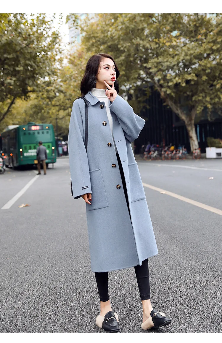 Модное Новое зимнее пальто элегантное женское длинное шерстяное пальто женское свободное одноцветное шерстяная куртка Корейская шерстяная и смешанная Женская куртка
