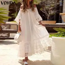 VONDA летнее Сексуальное Белое Кружевное платье женское Винтажное с расклешенными рукавами с открытыми плечами Макси длинное богемное пляжное платье праздничное Vestido S-5XL