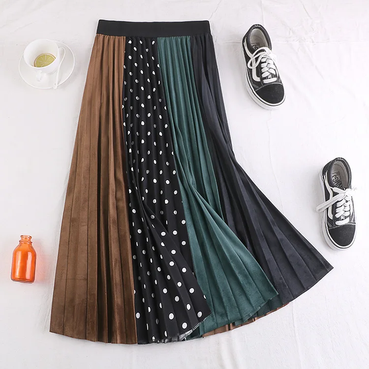 Винтажная разноцветная плиссированная бархатная юбка в горошек средней длины трапециевидной формы для женщин, зимние женские Теплые юбки, женские юбки saia saias faldas