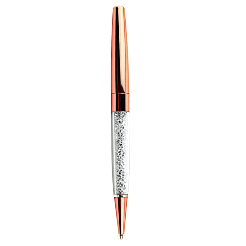 

100Pcs/Lot Rose Gold Pen Bling Diamond Pens Fine Black Ink Crystal Ballpoint Pen Wedding Office Metal Roller Ball Pen Gift