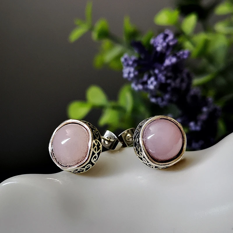 

New Bohemian Retro Pink Natural Stone Earrings Euro American 925 Thai Silver Gemstone Stud Earrings Female Wholesale Gift