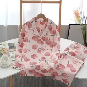 

Autumn Cotton Knitted Women's Pajama Homewear Suit Featured Peach Printed Long Sleeve Long Pants Womens Pajama Set Sleepwear