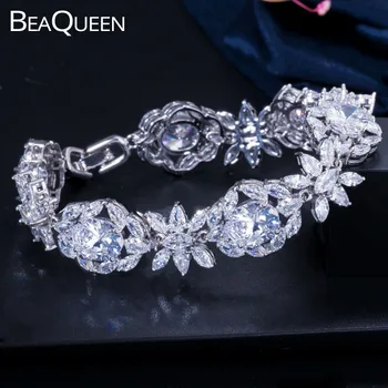 

BeaQueen Luxury AAA Cubic Zirconia Big Oval Stone Pave Flower Wedding Bracelets Bangles for Women Party Jewelry Accessories B158