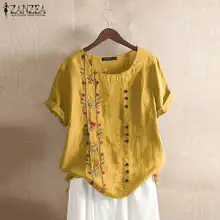 Blusas Top ZANZEA, летние рубашки с коротким рукавом, Женская Повседневная хлопковая блуза, винтажная туника с цветочной вышивкой, топы, Женская сорочка