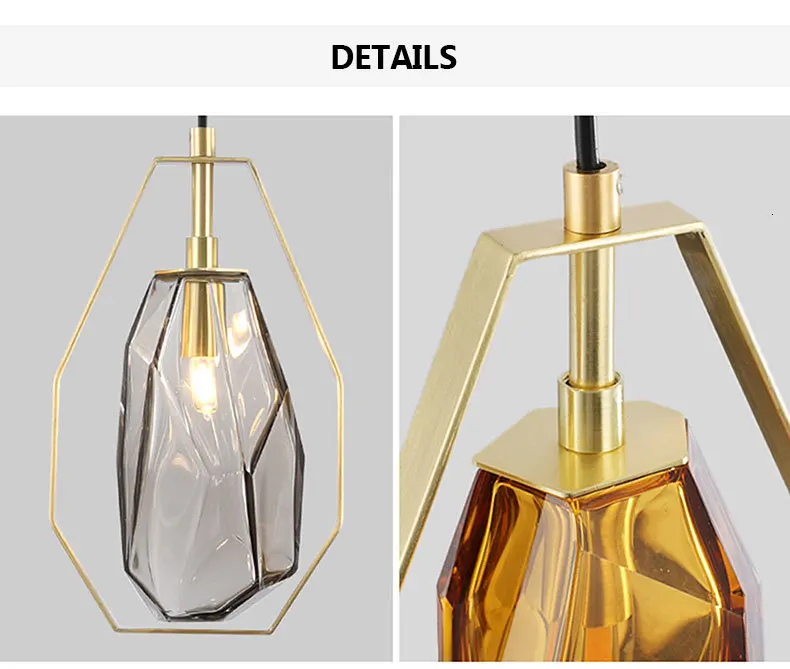 Modern irregular design amber glass single pendant lamp simple restaurant bedside decoration LED lighting polygon hanging lamp