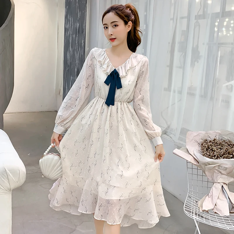 

Korean Style Sweet Chiffon Dress Summer and Autumn Women V-Neck Long Sleeve Floral Print Long Dresses Ruffles