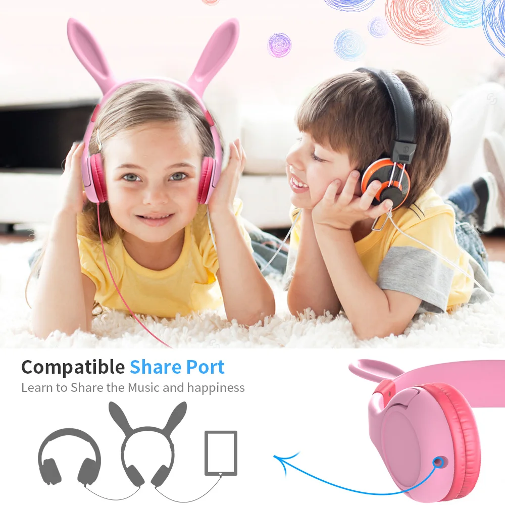 Kids Headphones Cute Rabbit Headset Headphones With MIC 81 85dB Child Safe Volume Headset For Smartphone Support Share