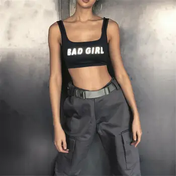 

Grey Black Square Neck Reflective Bad Girl Print Sporty Crop Top Women Sexy Daily Casual Sleeveless Summer Skinny Vest Tank