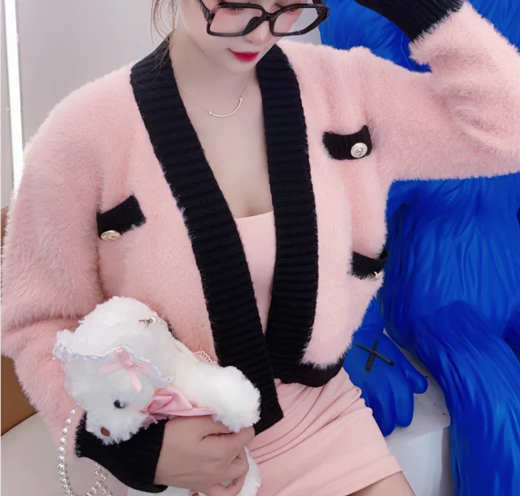 

Женский вязаный кардиган WTIANYUW, розовый кардиган с V-образным вырезом, свободного покроя, элегантная верхняя одежда, зима-осень 2021