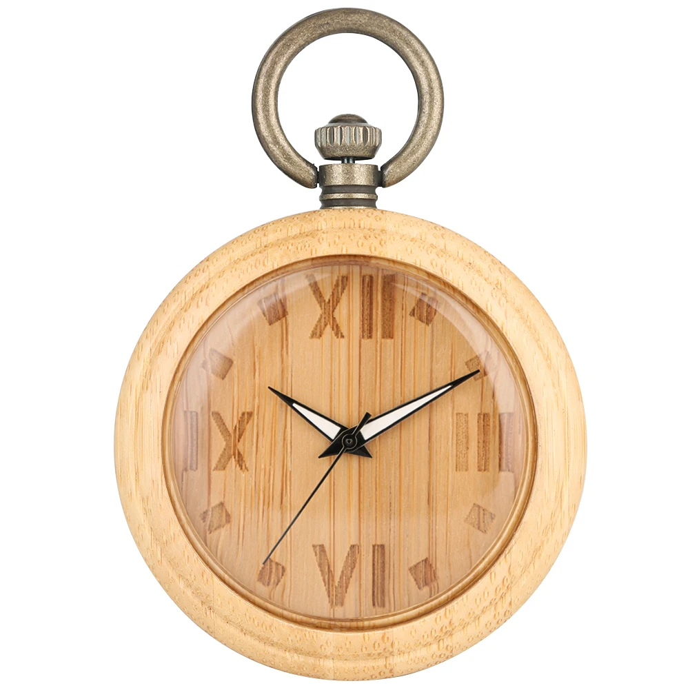 Creative Carved Bamboo Pocket Watch Women Roman Numerals Dial Bronze Rough Chain Necklace Pendant Watches Men 5