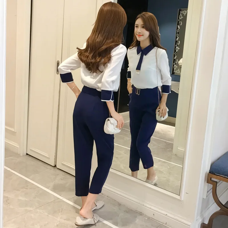 

2019 Spring-Style Capri Pants Suit Shirt Peter Pan Collar Two-Piece Set
