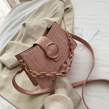 

Women Stone Pattern PU Leather Shoulder Crossbody Bags Fashion Round Ring Chain Design Handbags And Purses Lady Totes New 2020