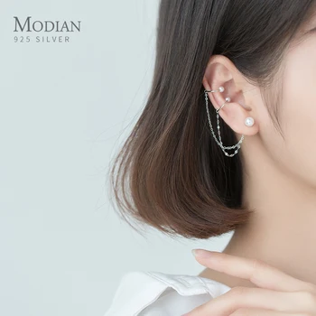 

Modian New Arrive 925 Sterling Silver Elegant Pearl Chain C Shape Tassel Clips Earring for Women Wedding Enagament Fine Jewelry