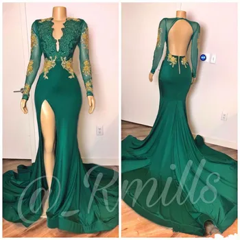 

Backless Prom Dresses Mermaid Deep V-neck Long Sleeves Appliques Beaded Slit Sexy Long Prom Gown Evening Dresses Robe De Soiree