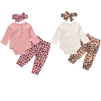 

0-12M Newborn Infant Baby Girl Leopard Clothes 2pcs Long Sleeve Jumpsuit Romper +Pants+Headband Outfits