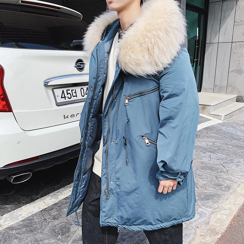 

Winter Long Coat Men's Warm Thick Parka Men Fashion Fur Collar Hooded Coat Mens Loose Solid Color Cotton Jacket Male Clothes