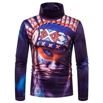 

3D Shirts Tees Male Indian Chief Casual Men T Shirts Long Sleeve Harajuku High collar Tees Tops Men S-2XL