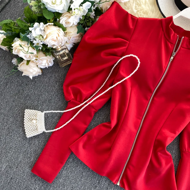 Neploe French Retro Stand Collar Puff Long Sleeve Blusas Slim Fit Zipper Pleat Blouse Autumn Spring 2020 New Solid Shirt 47913