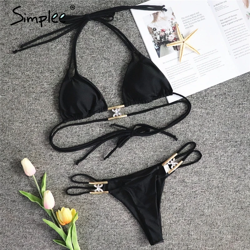 

Simplee Crystal buckle swimsuit women bikinis Mujer Triangle bandage bathing suit String female halter summer bathers swimwear