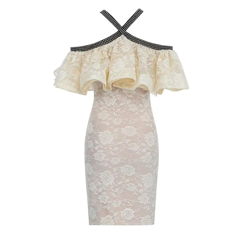 DressBird женское летнее Белое Кружевное облегающее платье сексуальное платье с бретельками и оборками без рукавов элегантные Клубные платья знаменитостей