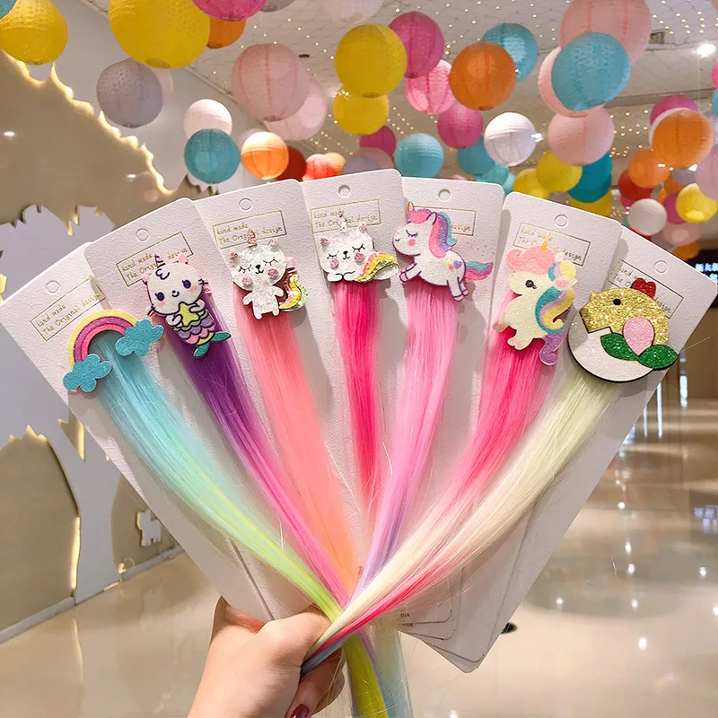 Wholesale Children Cartoon Rainbow Wig Hairpin Unicorn Hair Clips Girl Cute Rabbit Cat Animals Headband For Kid Hair Accessories european cartoon knitted hat winter baby cap girl boy embroidery unicorn accessories pompom beanie winter warm kids hats bonnet