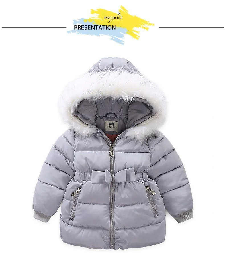 Зимние пальто для девочек детская Костюмы зимние куртки с бантом и капюшоном Утепленная зимняя куртка для девочек, парка детская одежда верхняя одежда для девочек, пальто