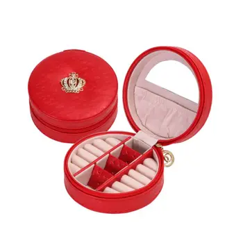 

Jewelry Storage Box Round Zipper Organizer Ring Earrings Ear Stud Necklace Bracelet Pocket Mirror Crown Decoration Faux Leather