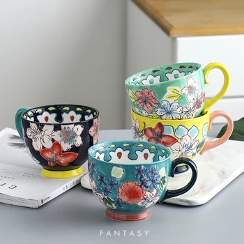 

Ceramic Hand Painted Breakfast Milk Oats Cup Coffee Cups Kitchen Tableware Chinese Porcelain 450ml Water Mugs Large Capacity Mug