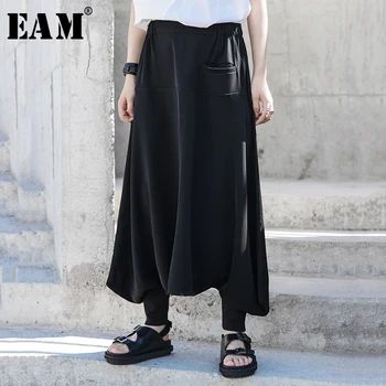 

[EAM] High Elastic Waist Black Brief Long Leisure Wide Leg Trousers New Loose Fit Pants Women Fashion Spring Autumn 2020 1T066