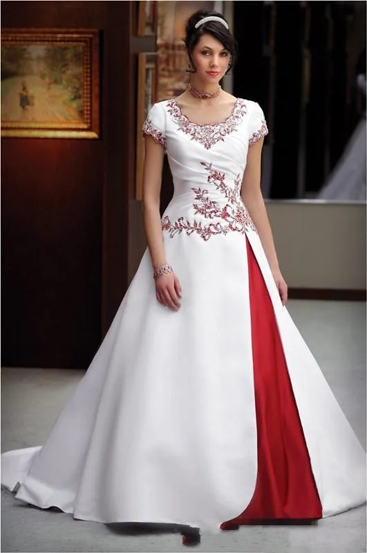Винтажные белые и красные свадебные платья с короткими рукавами и кружевной вышивкой, украшенные бисером, с коротким шлейфом, церковные Свадебные платья большого размера