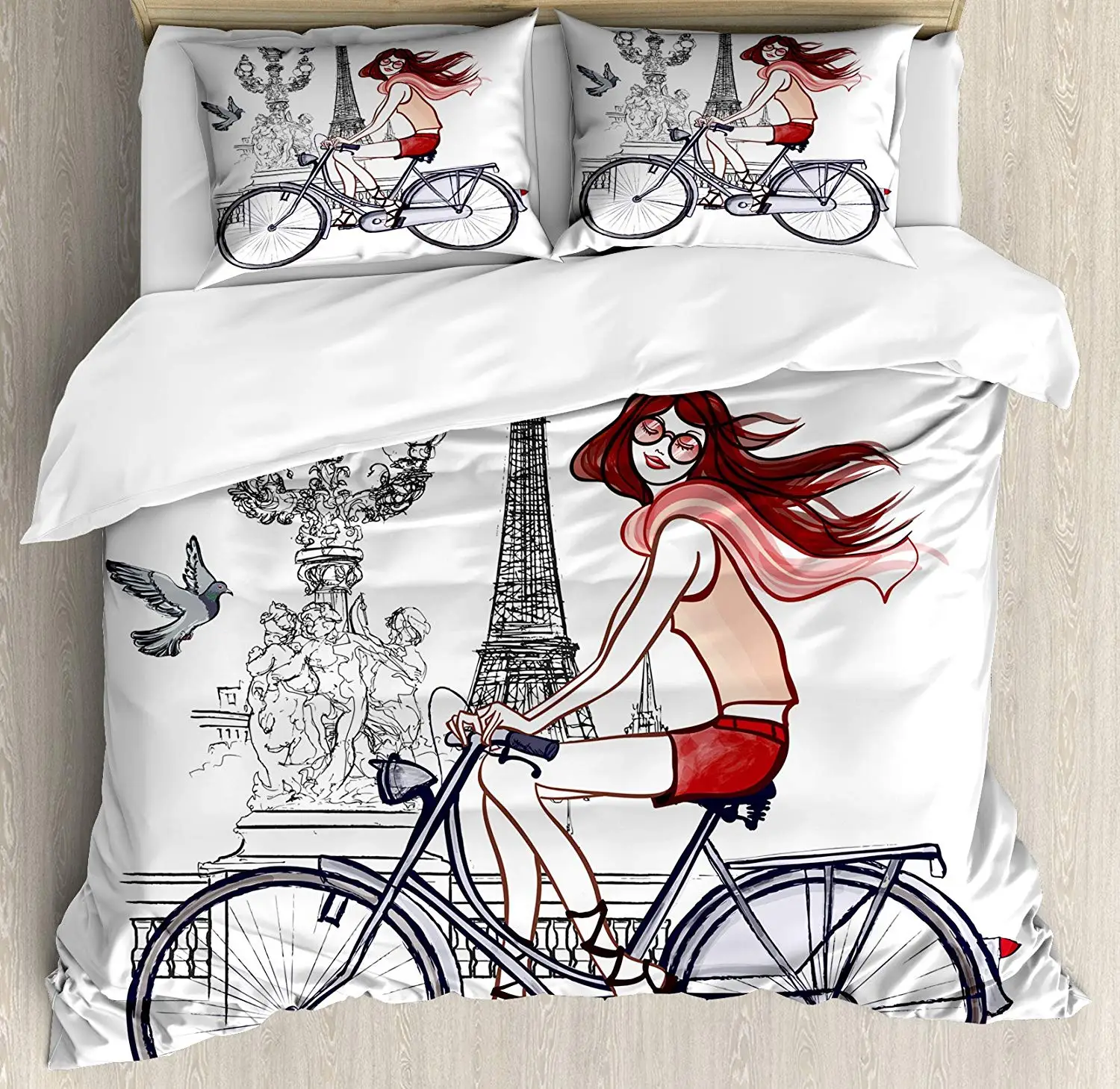Eiffel Tower Duvet Cover Set Illustration of a Woman on Alexander III Bridge in Paris Riding Bike Decorative 3 Piece Bedding | Дом и сад